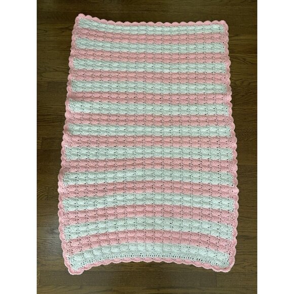 Handmade Crochet Baby Blanket Afghan Pink & White 29"x42" - Picture 5 of 7